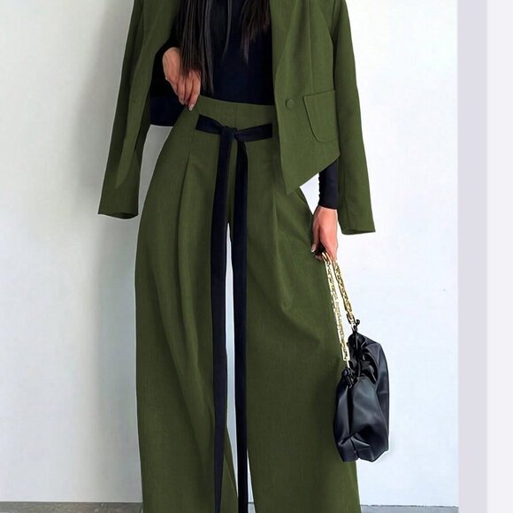 Elegant Green Women's Blazer Jacket & Wide Leg Pants 2-Piece Set - Picture 10 of 12